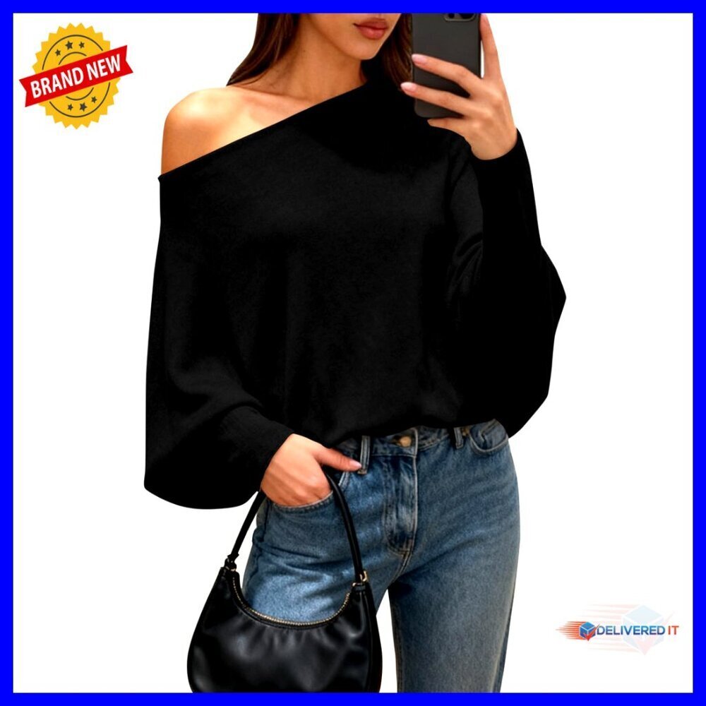 Oversized Batwing Sleeve Pullover Sweater Chunky Knit Loose Fit Off Shoulder